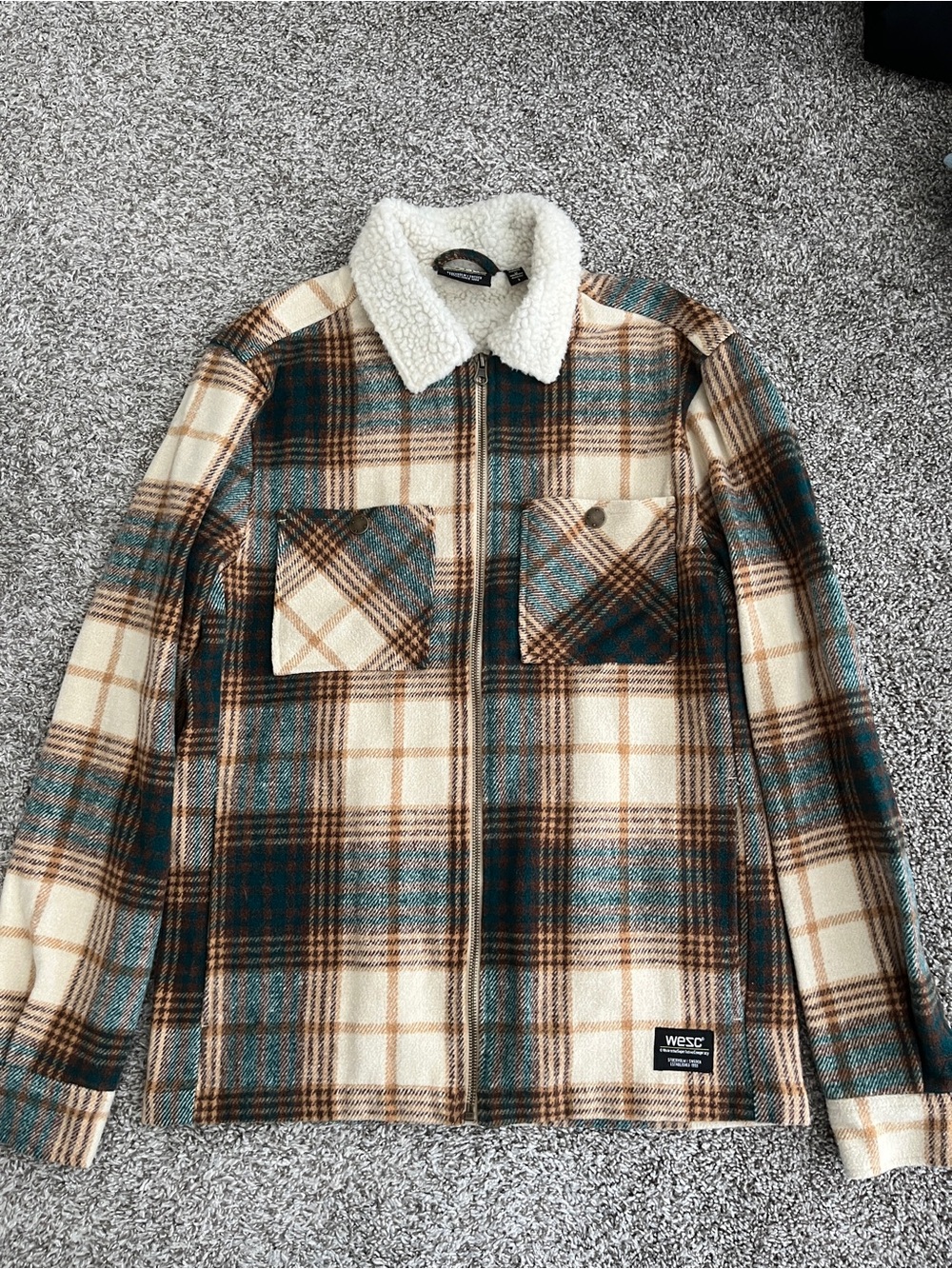 WeSC Plaid Sherpa Collar Zip Up Flannel Jacket